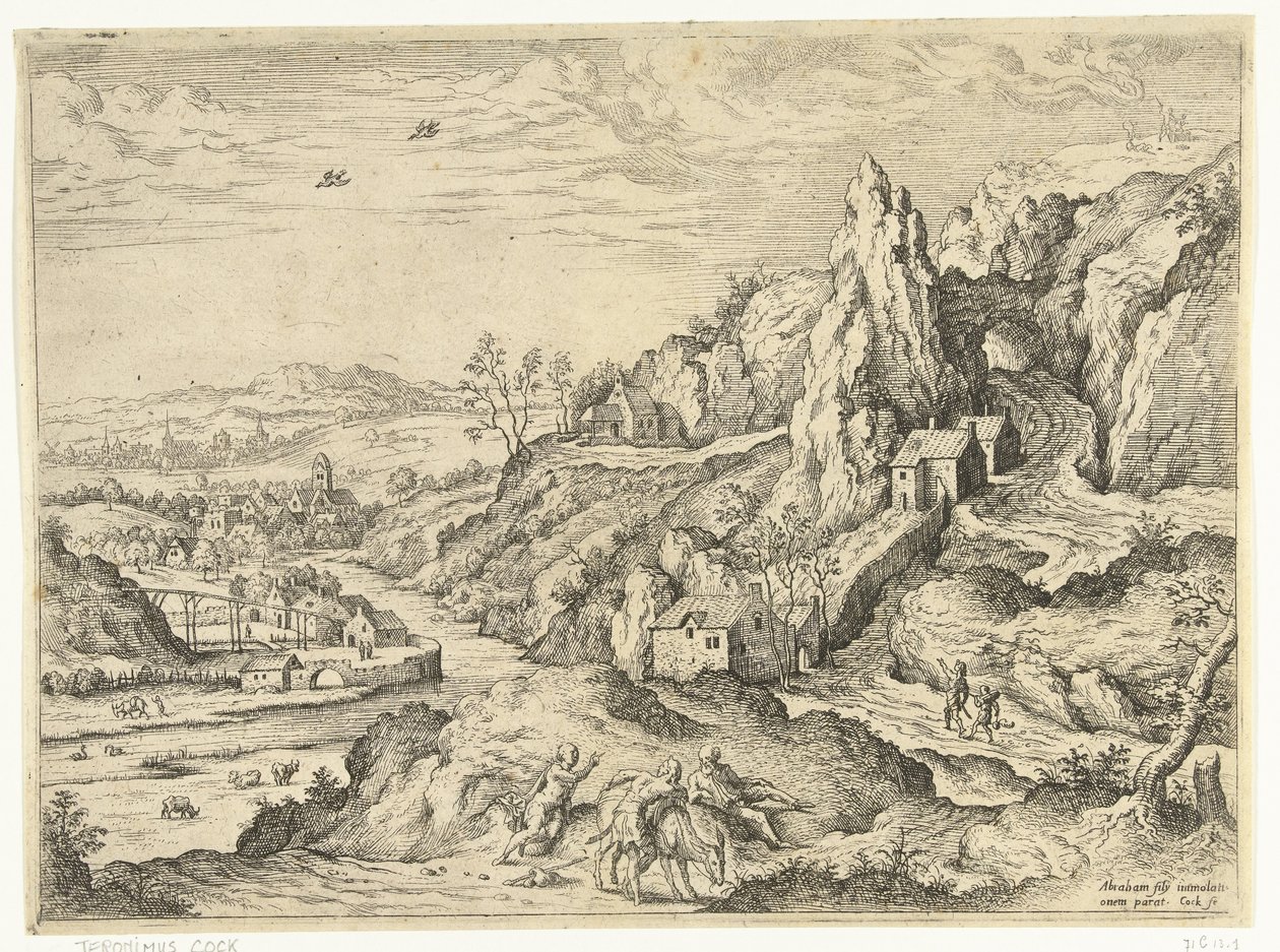 Abraham i Izaak w drodze na miejsce ofiary Pejzaże ze scenami biblijnymi i mitologicznymi (tytuł serii) autorstwa Hieronymus Cock