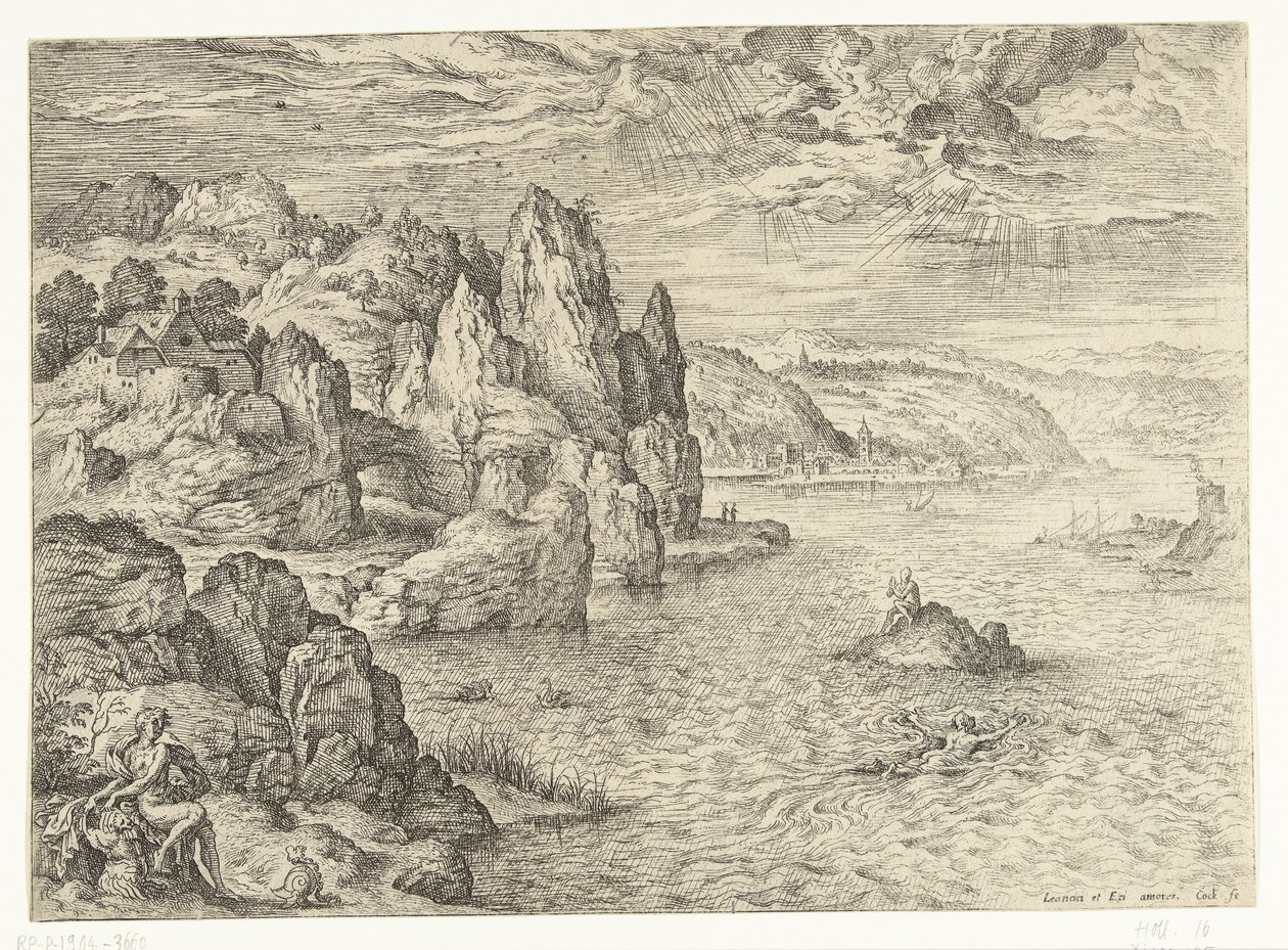 Przybrzeżny krajobraz z Hero i Leander Bohater i Leander Pejzaże ze scenami biblijnymi i mitologicznymi (tytuł serii) autorstwa Hieronymus Cock