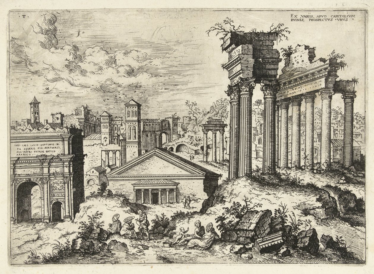 Widok Forum Romanum z Kapitolu Ex variis, apvd capitolvm rvinis (...) (tytuł na obiekcie) Ruiny rzymskie (tytuł serii) autorstwa Hieronymus Cock