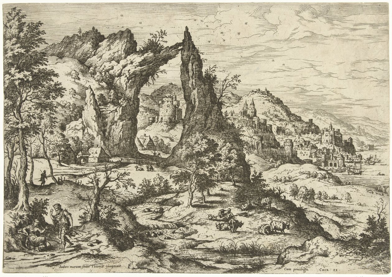 Juda i Tamar Pejzaże ze scenami biblijnymi i mitologicznymi (tytuł serii) autorstwa Hieronymus Cock