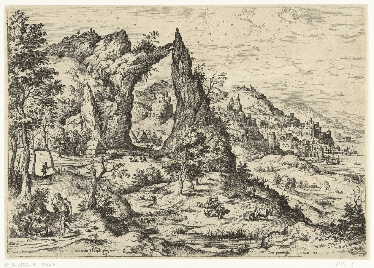 Juda i Tamar Pejzaże ze scenami biblijnymi i mitologicznymi (tytuł serii) autorstwa Hieronymus Cock