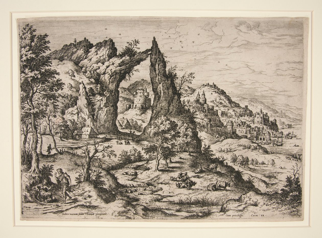 Judasz i Tamar, z Pejzaży ze scenami biblijnymi i mitologicznymi autorstwa Hieronymus Cock
