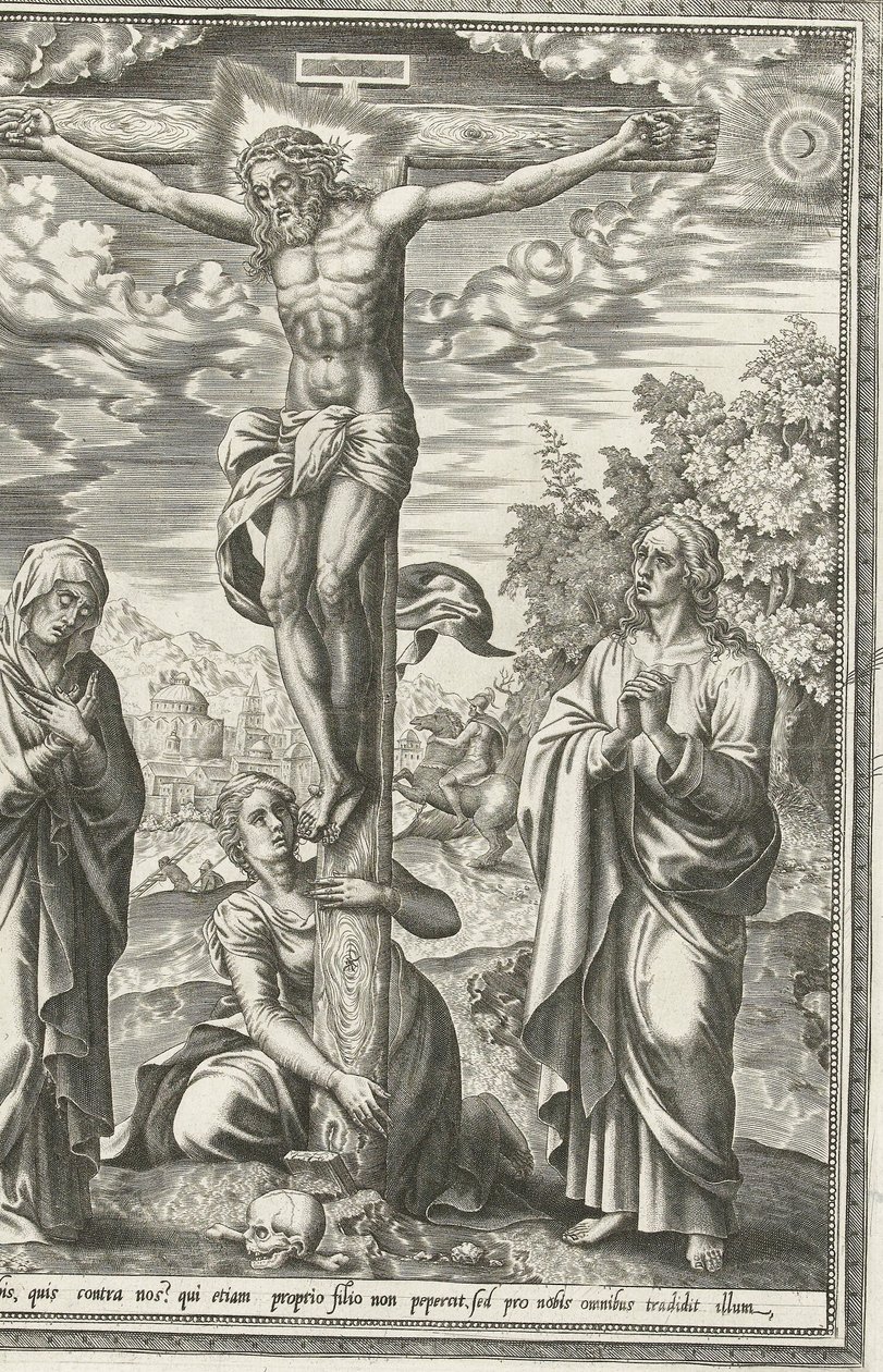 Ukrzyżowanie z Marią, Janem Chrzcicielem i Marią Magdaleną autorstwa Hieronymus Cock