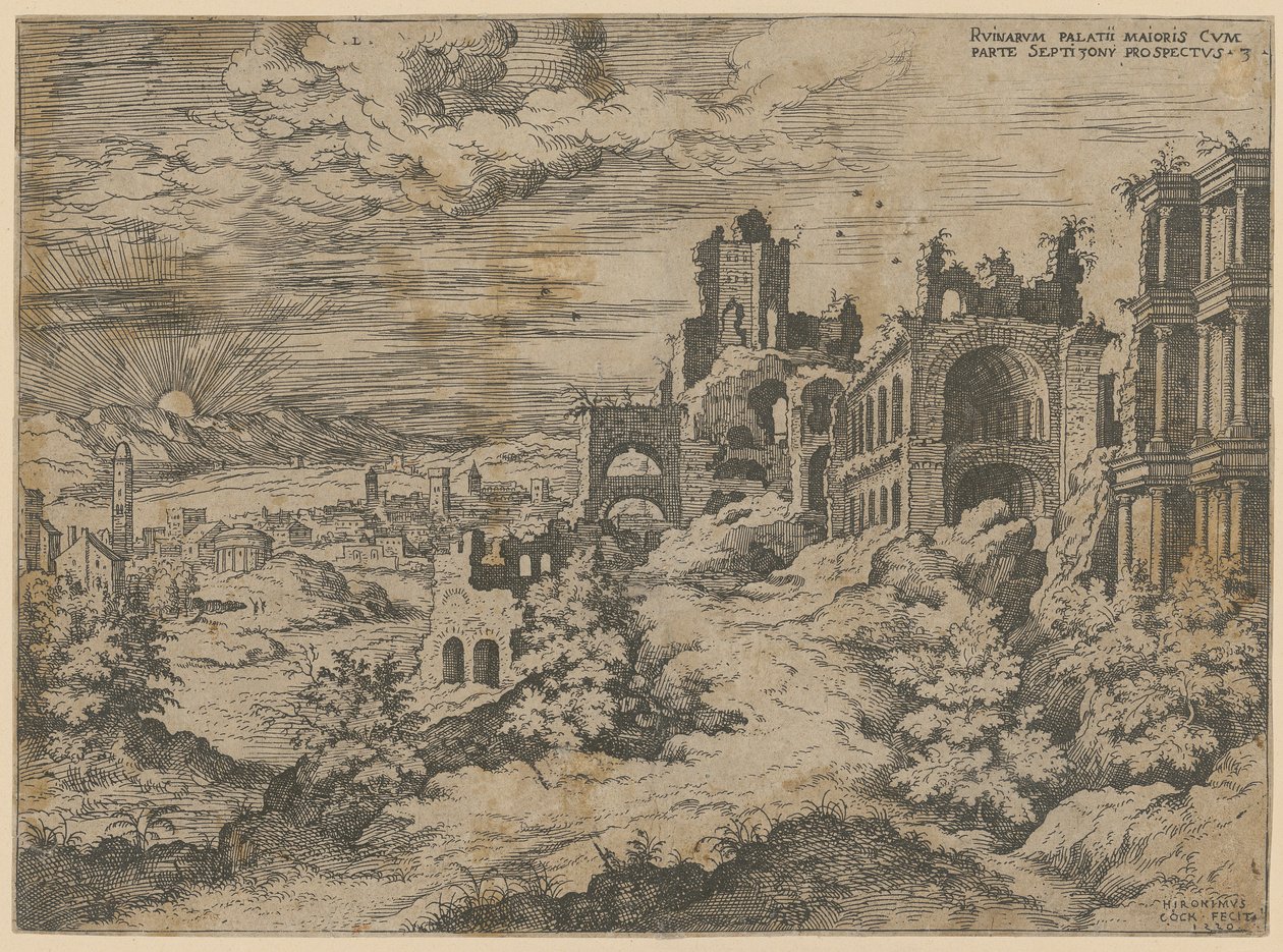 Ruiny Pałacu Palatyńskiego z panoramą krajobrazu, arkusz 3 z serii „Praecipua aliquot Romanae Antiquitatis Ruinarum Monimenta [...]” autorstwa Hieronymus Cock