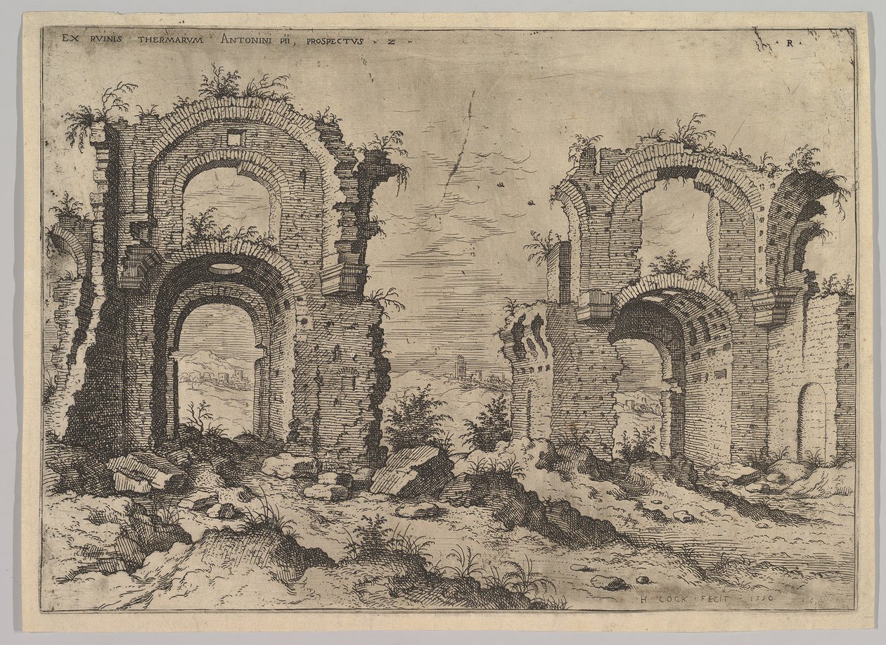 Drugi widok Łaźni Dioklecjana, z zestawu ruin rzymskich, 1550. autorstwa Hieronymus Cock