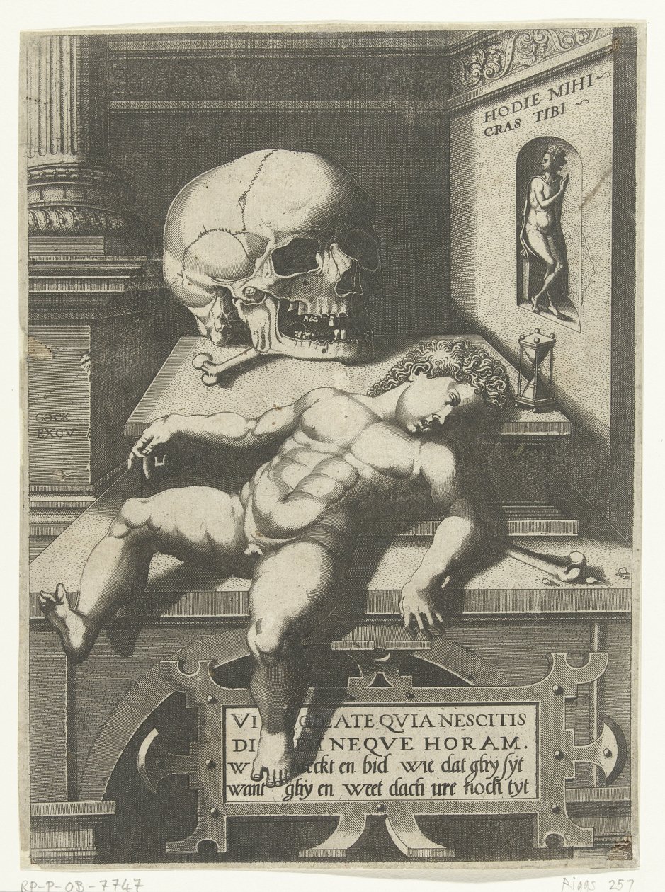 Przedstawienie Vanitas z dzieckiem i czaszką (Hodi mihi kras tibi / Dzisiaj ja, jutro ty) autorstwa Hieronymus Cock