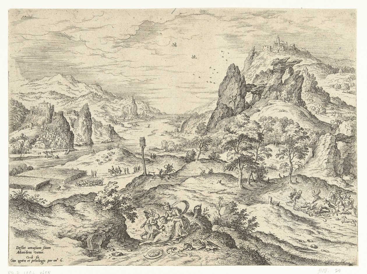 Wenus opłakuje śmierć Adonisa Pejzaże ze scenami biblijnymi i mitologicznymi (tytuł serii) autorstwa Hieronymus Cock