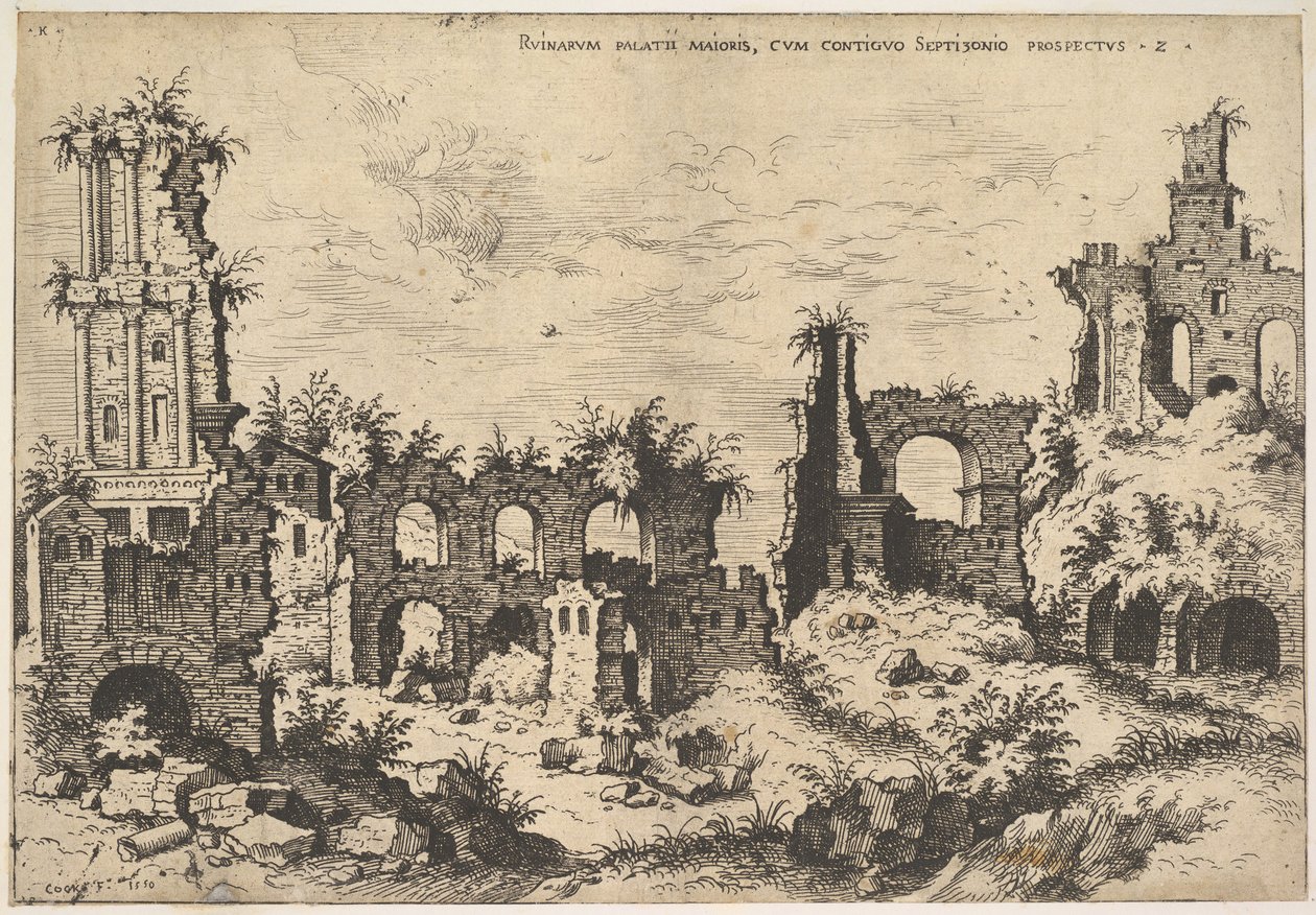 Widok ruin na Wzgórzu Palatyńskim z trabeowaną fasadą po lewej i arkadami pośrodku, fr..., 1550. autorstwa Hieronymus Cock