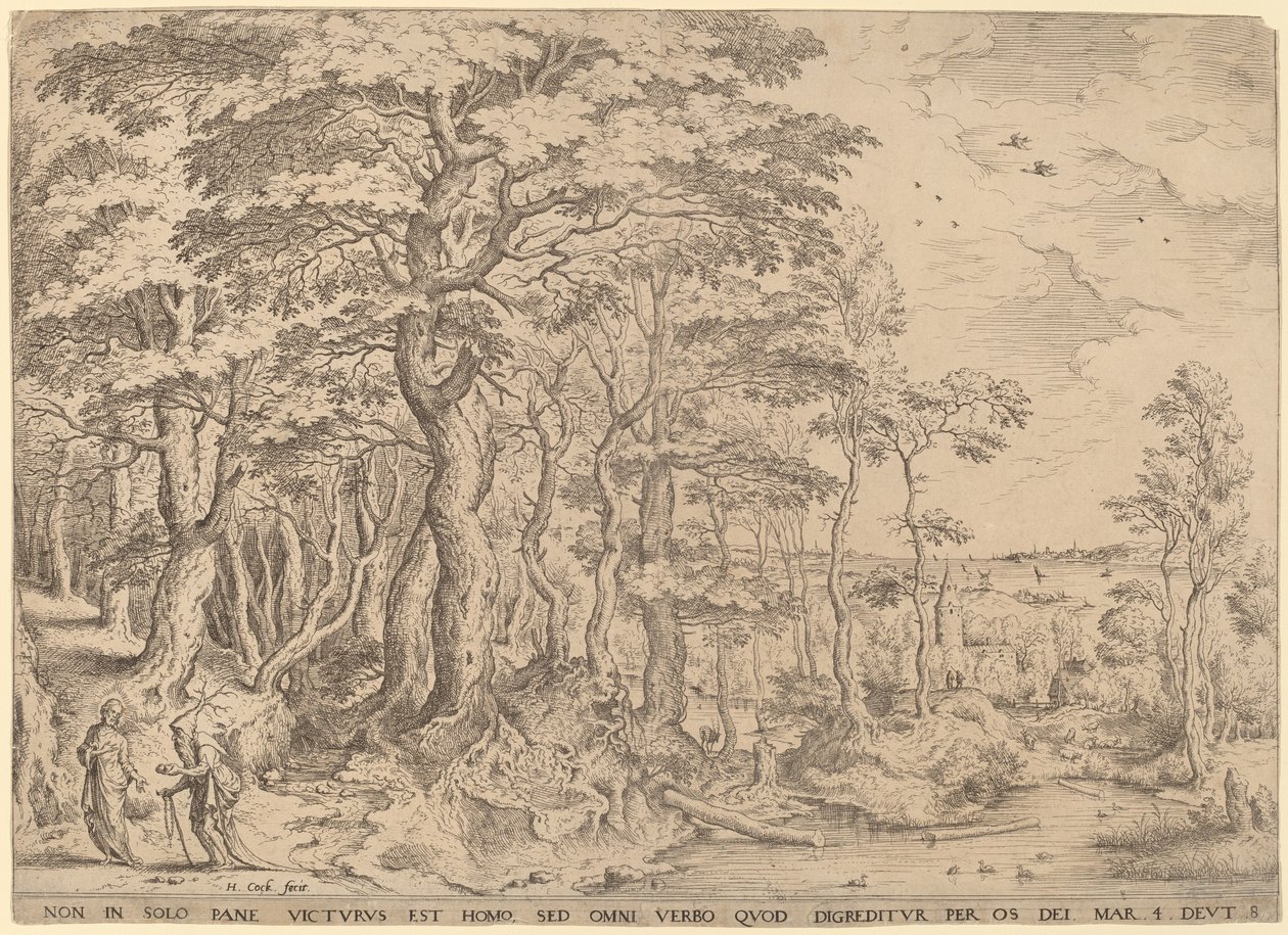 Krajobraz z kuszeniem Chrystusa autorstwa Hieronymus Cock after Pieter Bruegel the Elder