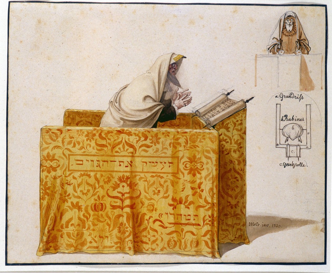 Akwarela, piórko, 27 x 33 cm. Rabin w synagodze, rysunek Hieronima Hessa (1799 - 1850), projekt figurki. (JM 1190) Muzeum Żydowskie Bazylea, Szwajcaria. autorstwa Hieronymus Hess