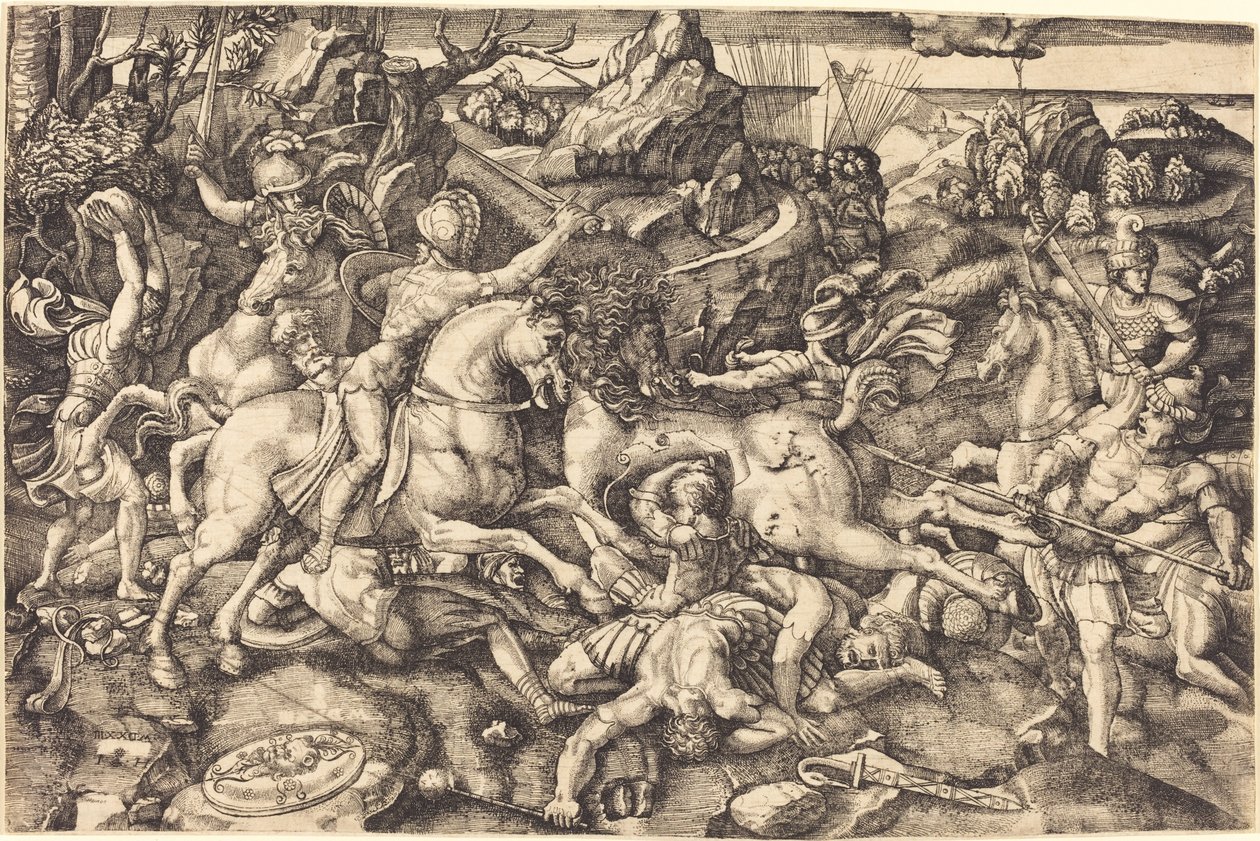 Walka między jeźdźcami a piechotą autorstwa Hieronymus Hopfer after Raphael