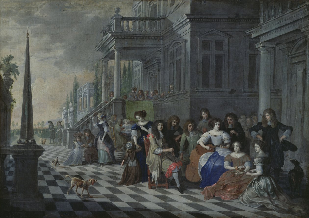 Postacie grające muzykę przed pałacem, 1672 autorstwa Hieronymus Janssens