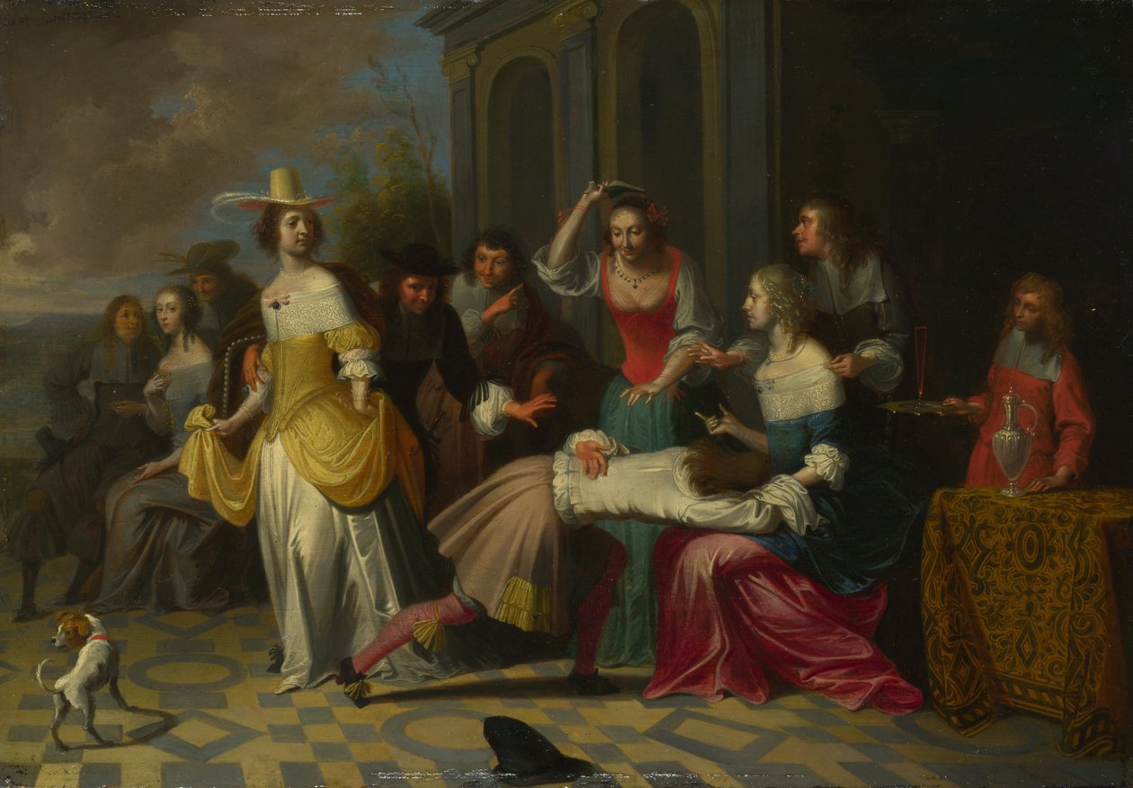 Panie i Panowie grający La Main Chaude, ok. godz. 1655-1665 autorstwa Hieronymus, Janssens