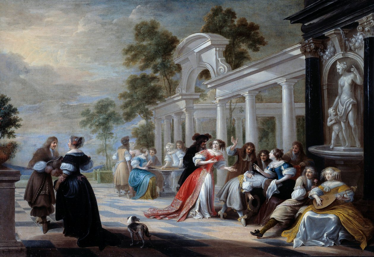 Gra Hot Hand Młodzi ludzie flamandzkiej szlachty bawią się w parku. Obraz Hieronymusa Janssensa dit le Dancer (1624-1693) XVII w. Niedz. 0,58x0,83 m² autorstwa Hieronymus Janssens
