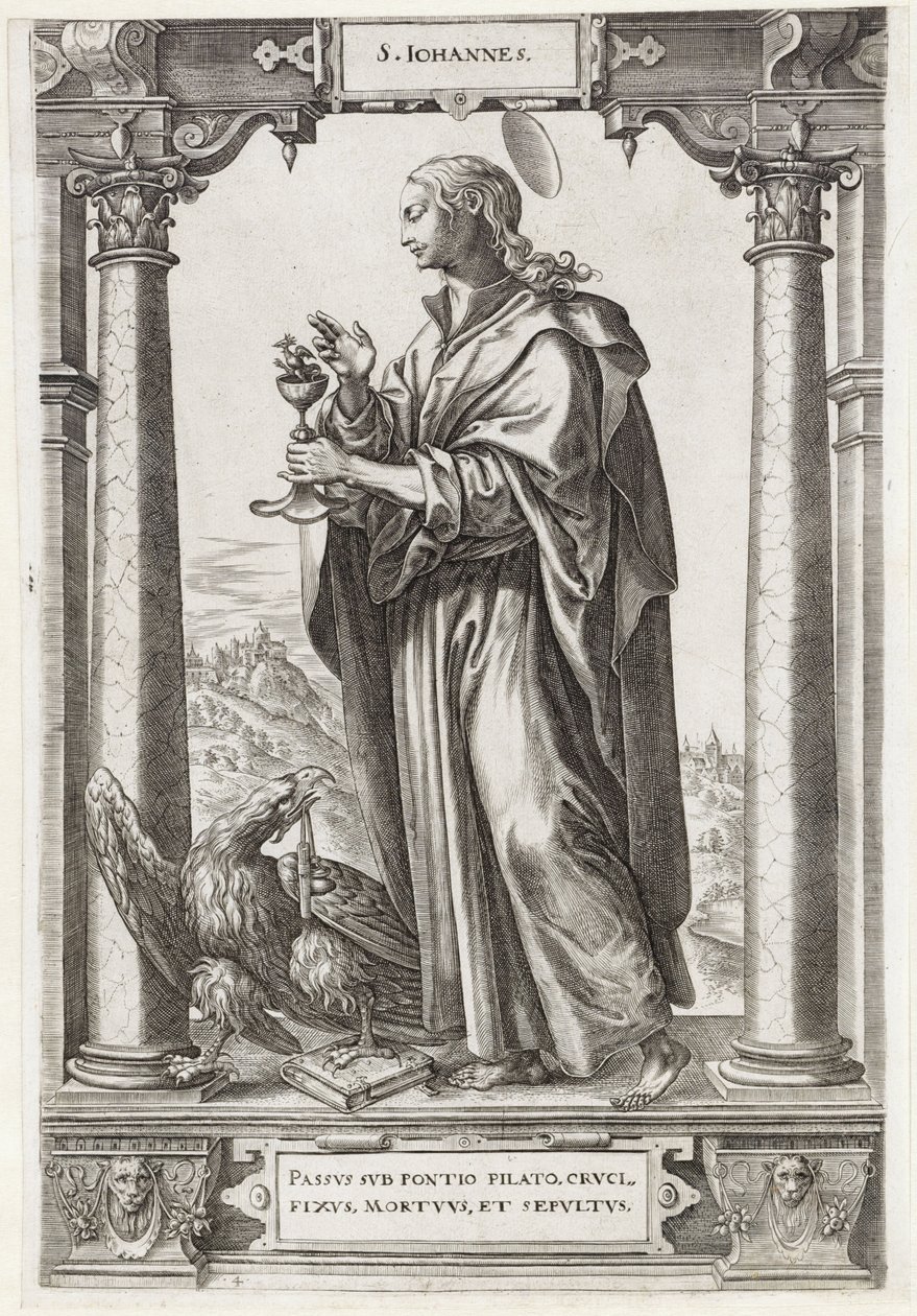 Św. Jan Ewangelista S. Iohannes (tytuł na obiekcie) Chrystus i dwunastu apostołów i św. Paweł (tytuł serii) autorstwa Hieronymus Wierix
