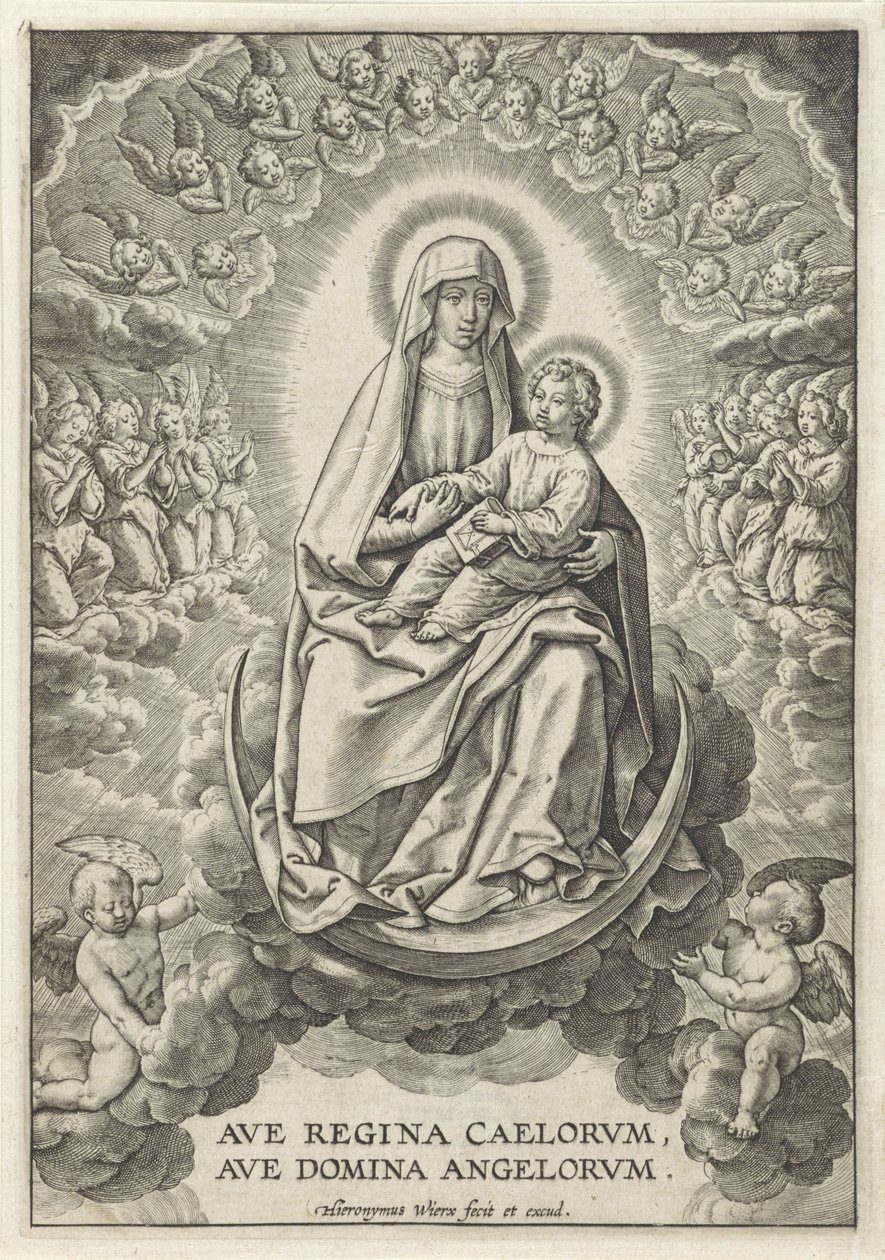 Maryja z Dzieciątkiem Jezus na półksiężycu Ave Regina Caelorum, Ave Domina Angelorvm (tytuł na obiekcie) autorstwa Hieronymus Wierix