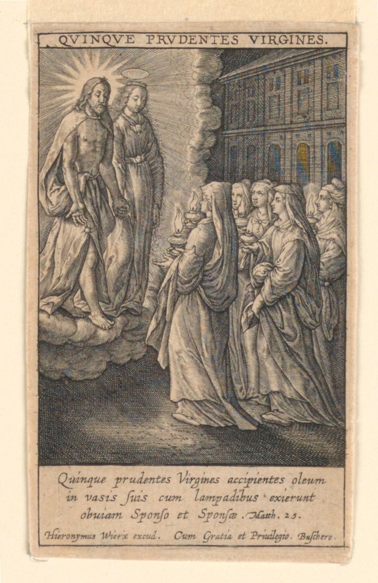Pięć Mądrych Dziewic, z suity „Speculum Virginitatis” autorstwa Hieronymus Wierix