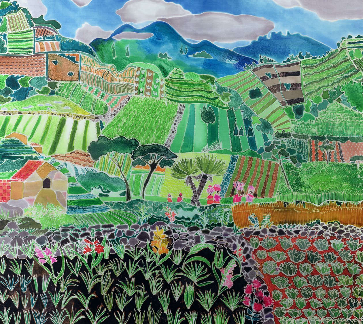 Kapusty i lilie, region Solola, Gwatemala, 1993 (kolorowe tusze na jedwabiu) autorstwa Hilary Simon