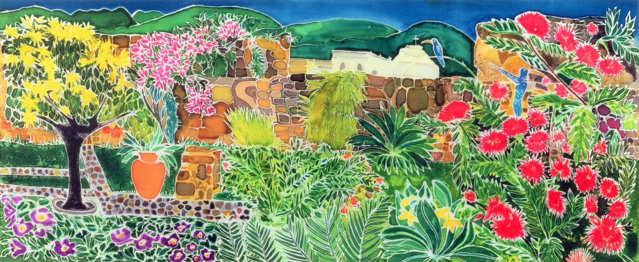 Convent Gardens, Antigua, 1993 (kolorowe tusze na jedwabiu) autorstwa Hilary Simon