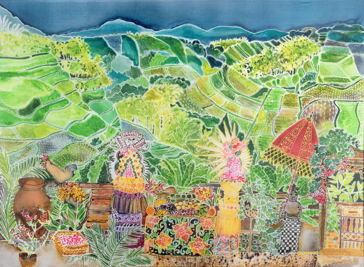 Kedewatan, Bali, 1997 (kolorowe tusze na jedwabiu) autorstwa Hilary Simon