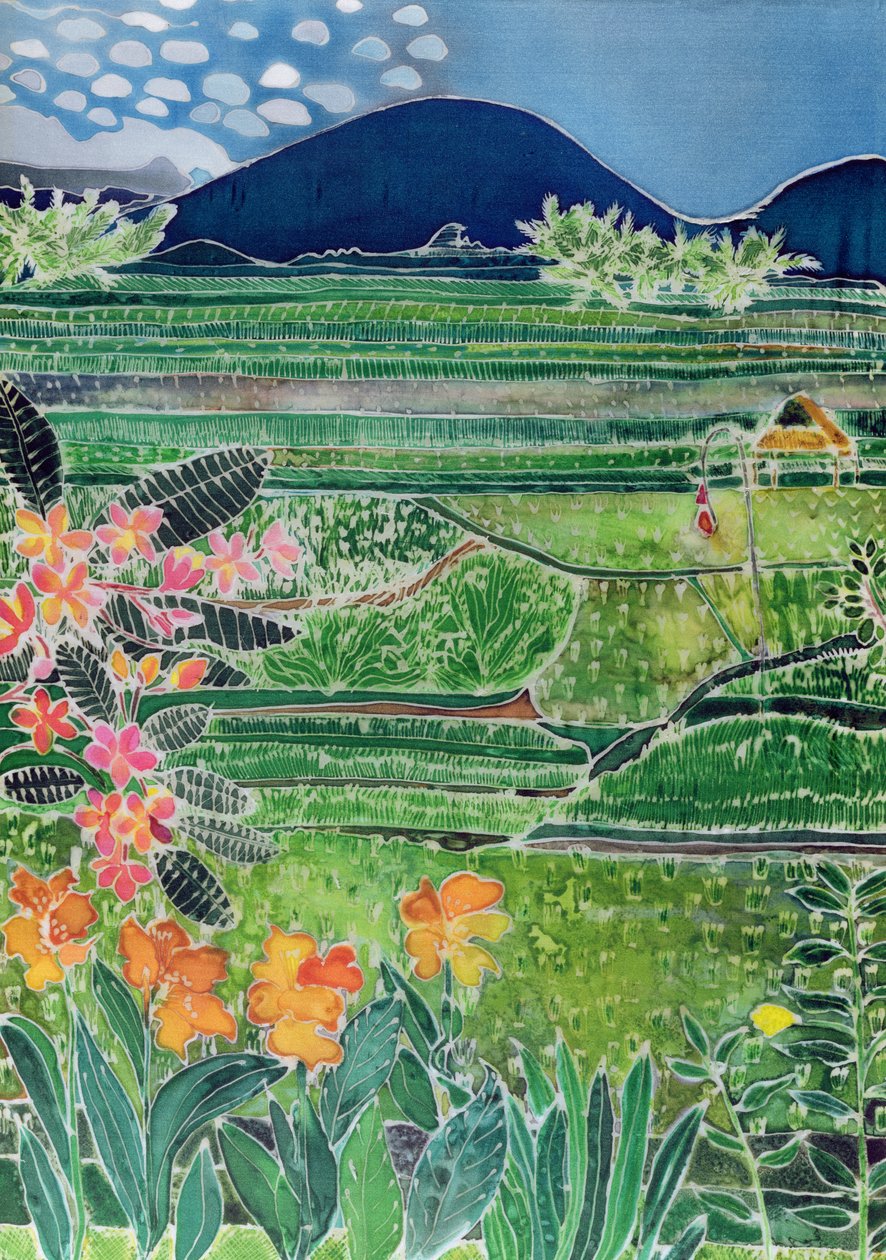 Lovina Ricefields z Lilie i Frangipani, Bali, 1996 (kolorowe tusze na jedwabiu) autorstwa Hilary Simon