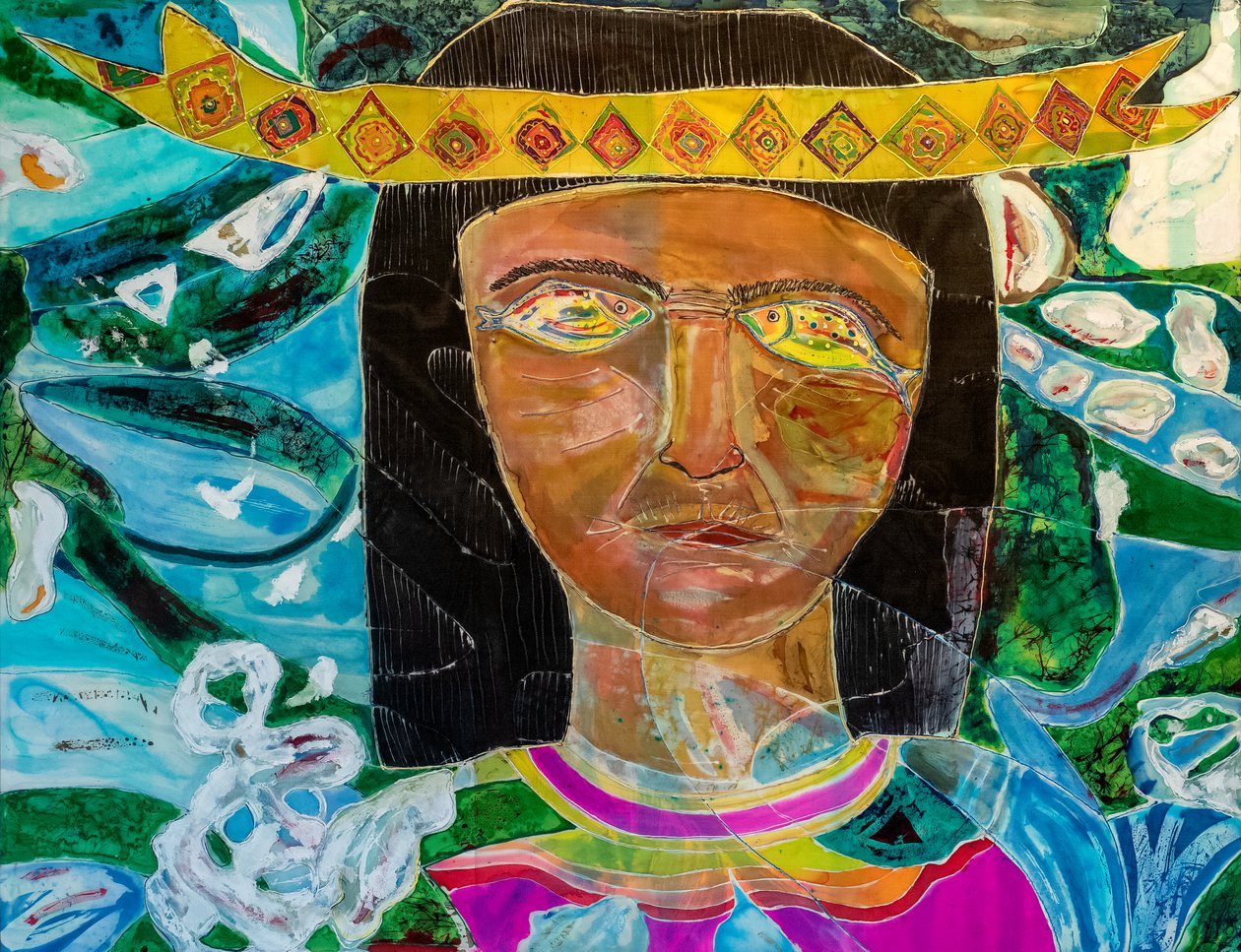 Amazonas-Shaman Olivia Arevalo, 2022 (farba i farba na jedwabiu) autorstwa Hilary Simon