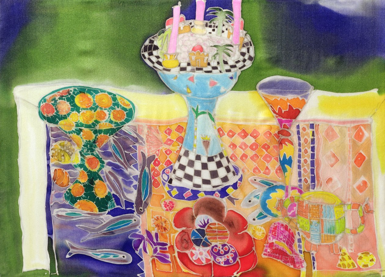 Fish Table, 2006 (barwniki na jedwabiu) autorstwa Hilary Simon