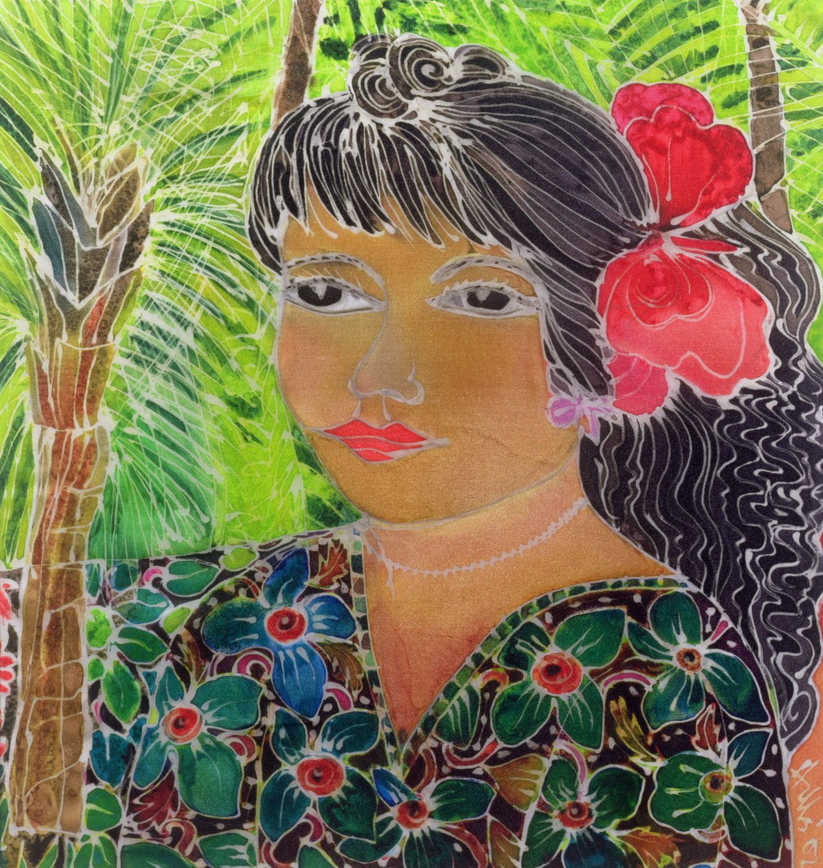 Dama z hibiskusem (tusze barwne na jedwabiu) autorstwa Hilary Simon