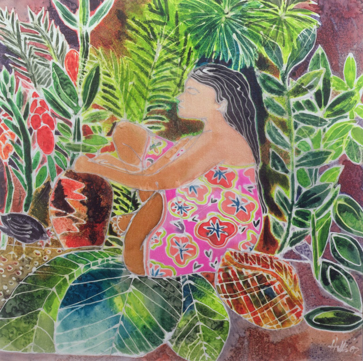 Potter in the Tropics (kolorowe tusze na jedwabiu) autorstwa Hilary Simon