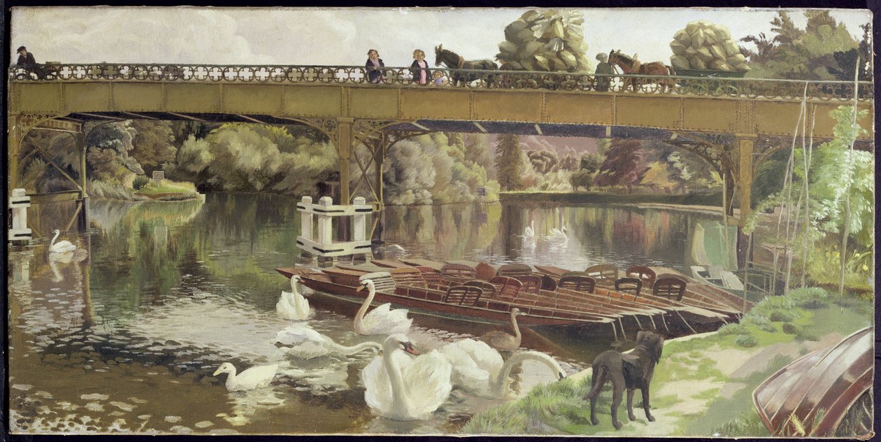 Łabędzie, Cookham Bridge (olej na płótnie) autorstwa Hilda Carline