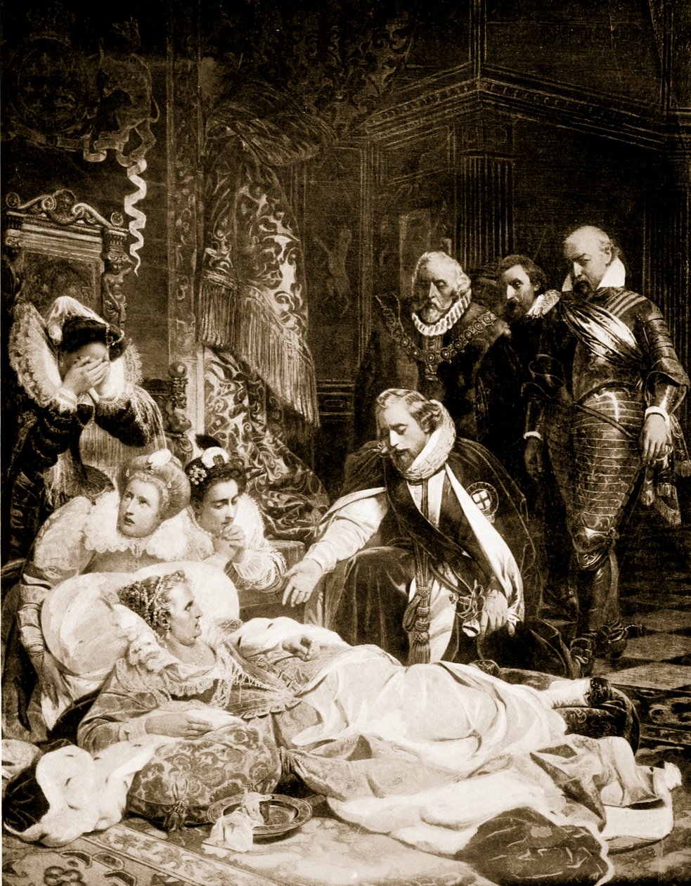Śmierć królowej Elżbiety, 24 marca 1603, ilustracja z „Historii narodu brytyjskiego” Hutchinsona, ok.1920 autorstwa Hippolyte Delaroche