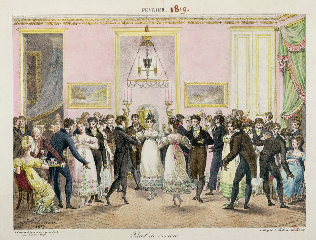Bal towarzyski, rytowany przez Charlesa Etienne Pierre Motte (1785-1836) 1819 autorstwa Hippolyte Lecomte