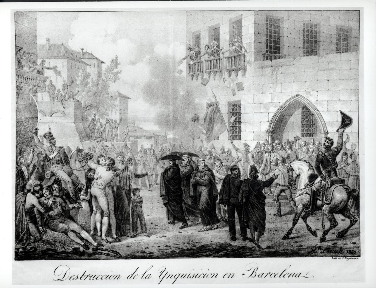 Zniszczenie Inkwizycji w Barcelonie, 10 marca 1820, rycina Godefroy Engelmann (1788-1839) autorstwa Hippolyte Lecomte