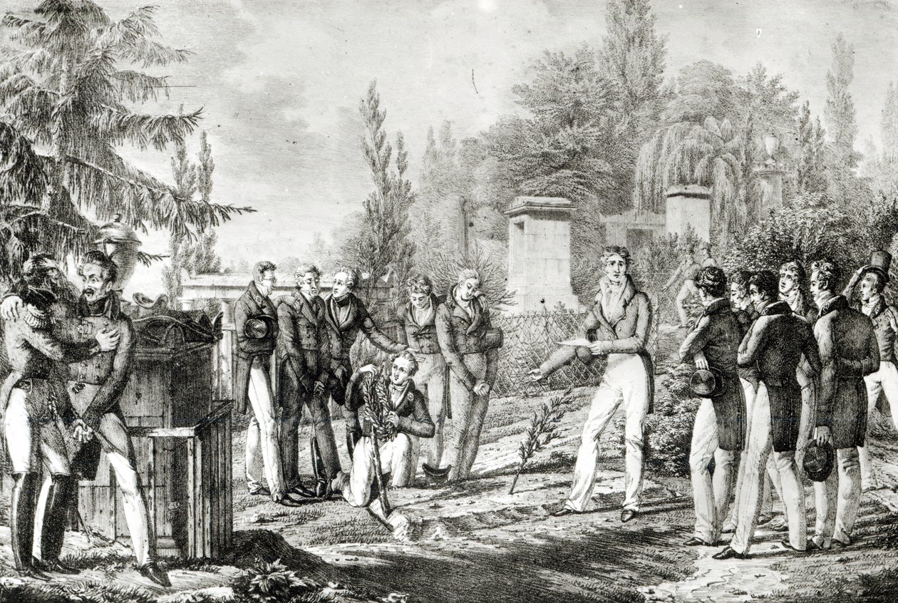 Studenci z Ecole Polytechnique przy grobie Gasparda Monge (1746-1818), wrzesień 1818 autorstwa Hippolyte Lecomte