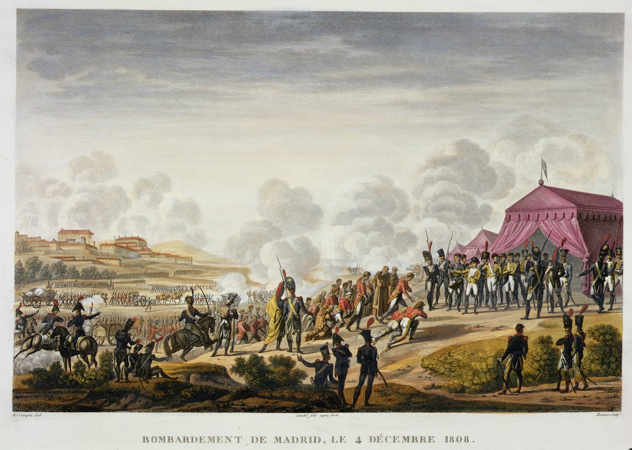 Bombardowanie Madrytu, 4 grudnia 1808, rytowany przez Edme Bovinet (1782-1832) (akwatinta) autorstwa Hippolyte Lecomte