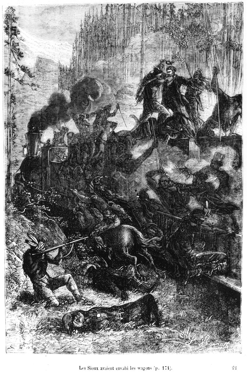Sioux atakujący pociąg, ilustracja z „W osiemdziesiąt dni dookoła świata” autorstwa Juliusza Verne