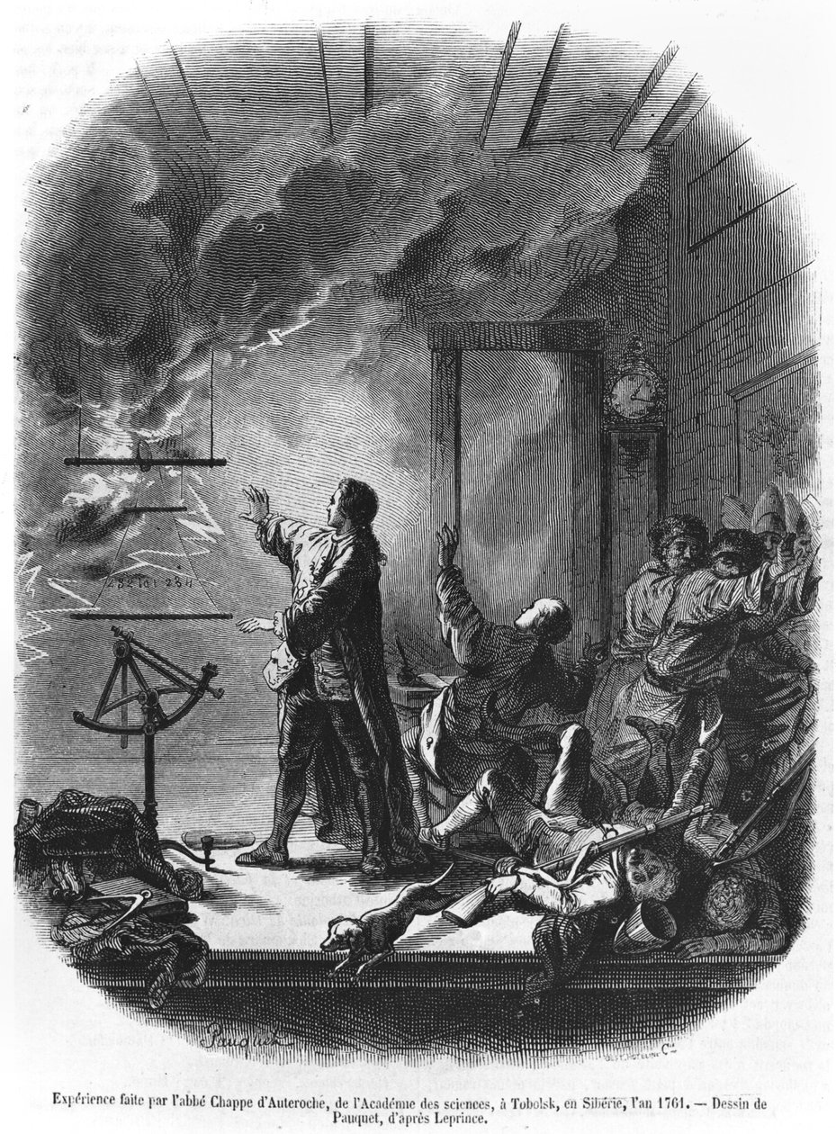 Jean Chappe dAuteroche (1722-69) Eksperymentowanie z elektrycznością w 1761, Tobolsk, Syberia, ilustracja z Le Magasin Pittoresque, 1855 (bw photo) autorstwa Hippolyte Louis Pauquet
