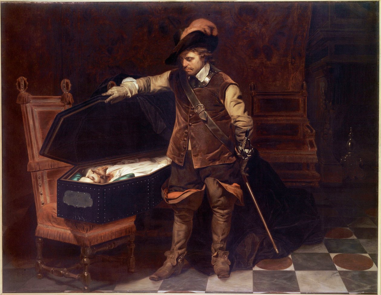 „Oliver Cromwell przed trumną Karola I Stuarta” (1649). Oliver Cromwell (1599-1658) ogłasza proces króla Anglii, który zostanie skazany i ścięty 9 lutego 1649 r. Obraz Paula Delaroche (1797-1856) autorstwa Hippolyte Delaroche