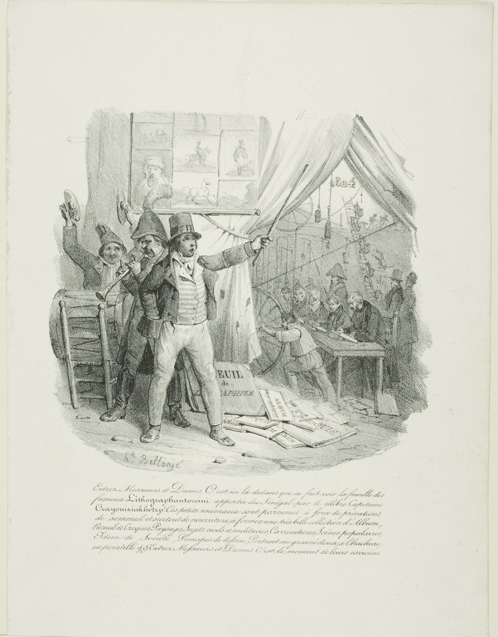 Wejdźcie, Panie i Panowie, w środku zobaczycie słynną rodzinę Lithographantoccini... Frontispis do "Albumu z 1824 roku". autorstwa Hippolyte Bellange
