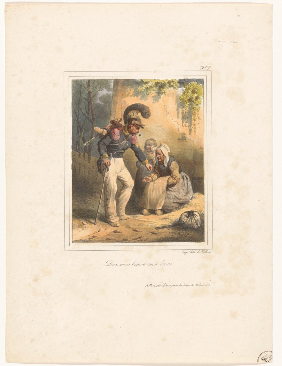 Żołnierz daje biednej kobiecie trochę pieniędzy Dieu vous benira mon brave (tytuł na obiekcie) Album litograficzny nr 9 (tytuł serii) autorstwa Hippolyte Bellange
