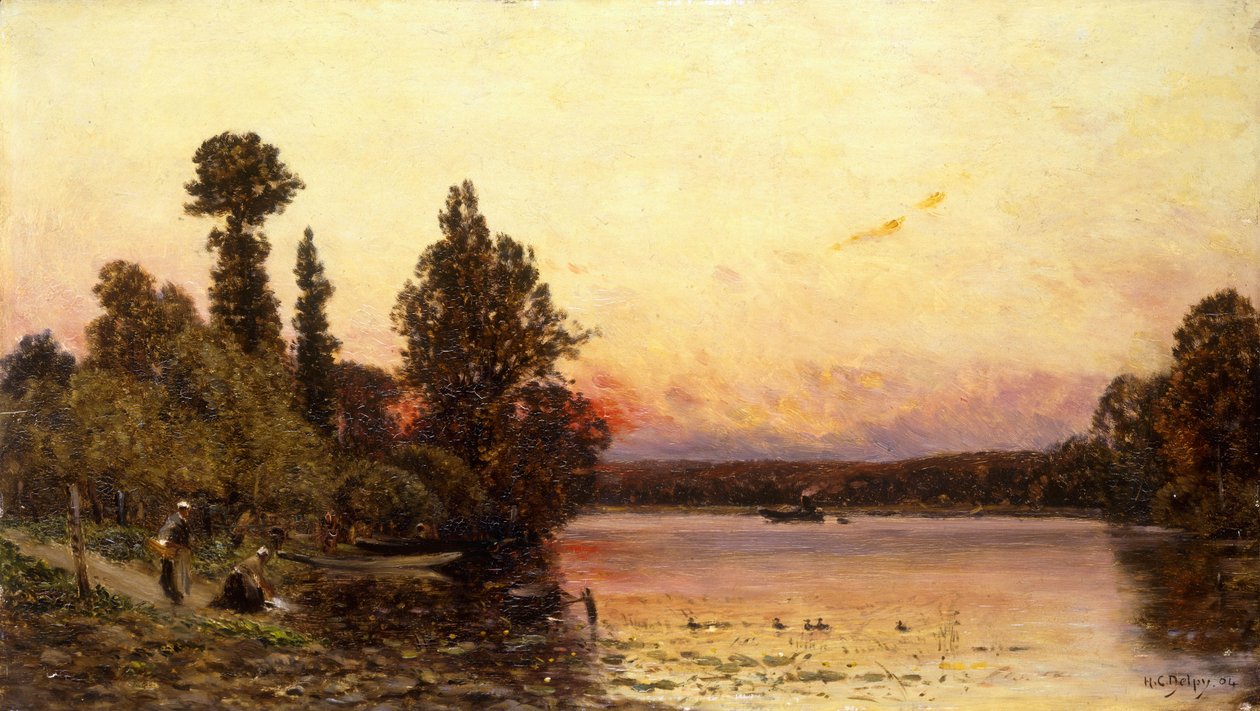 Zachód słońca, nad brzegiem rzeki, 1904 autorstwa Hippolyte Camille Delpy