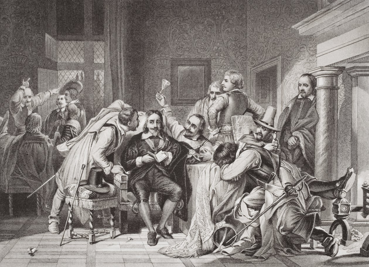 Karol I (1600-49) w wartowni obrażany przez żołnierzy Olivera Cromwella, z „Illustrations of English and Scottish History” Tom I autorstwa Hippolyte Delaroche