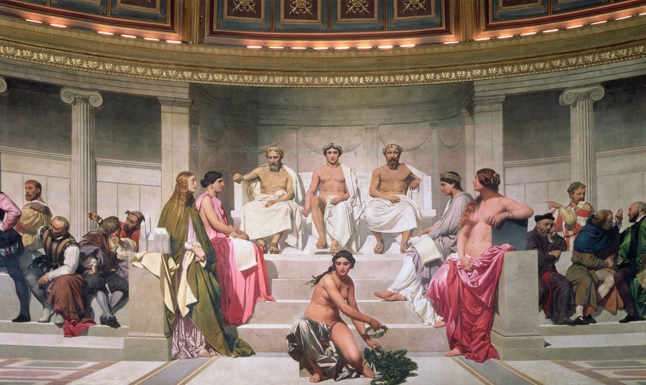 Hemicykl: Artyści wszystkich wieków, fragment Ictinus, Apelles i Fidias, fresk z lat 1836-41 patrz także 83553 i 83555 autorstwa Hippolyte Delaroche