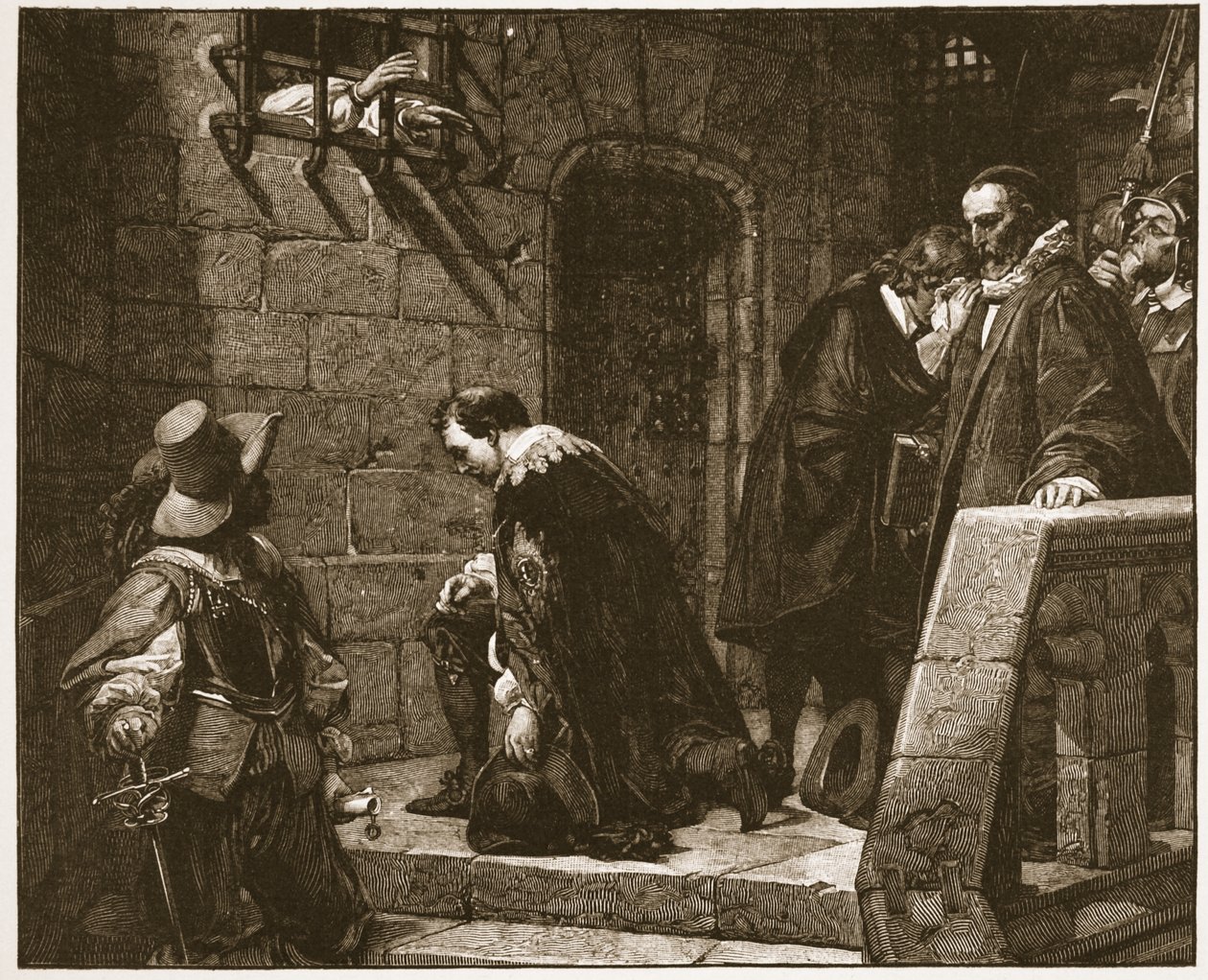 Lord Strafford w drodze na egzekucję, ilustracja z „Kościoła anglikańskiego: historia dla ludu” autorstwa H.D.M. Spence-Jones, wyd. ok. 1910 (zdjęcie w sepii) autorstwa Hippolyte Delaroche