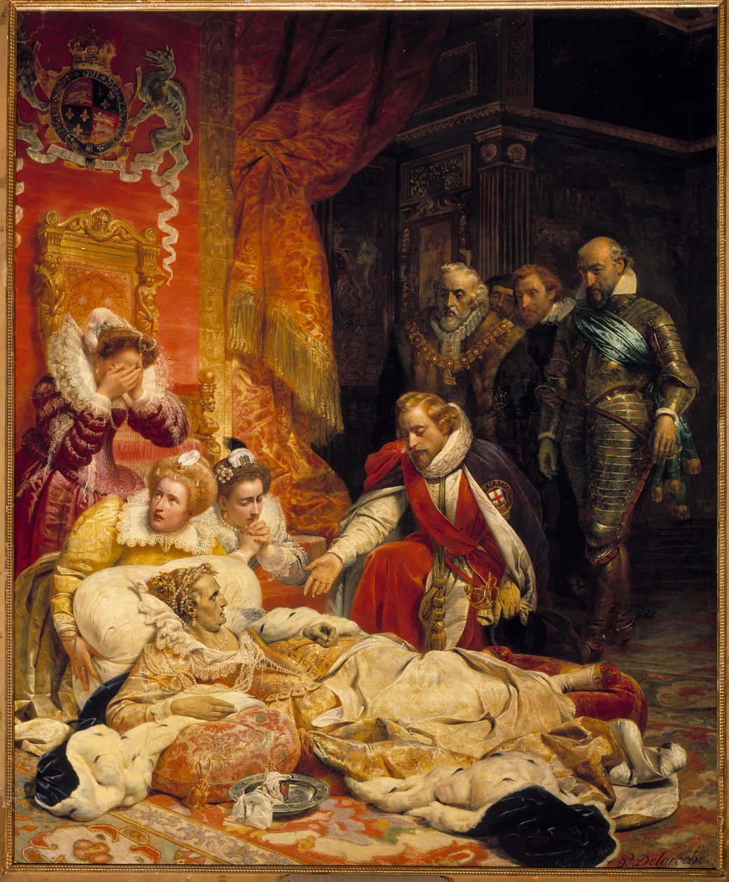 Śmierć Elżbiety Iere, królowej Anglii w 1603 r. Królowa Elżbieta zmarła z powodu depresji i chorób w dniu 24.03.1603 w otoczeniu dworzan. Malarstwo autorstwa Paula Delaroche autorstwa Hippolyte Delaroche