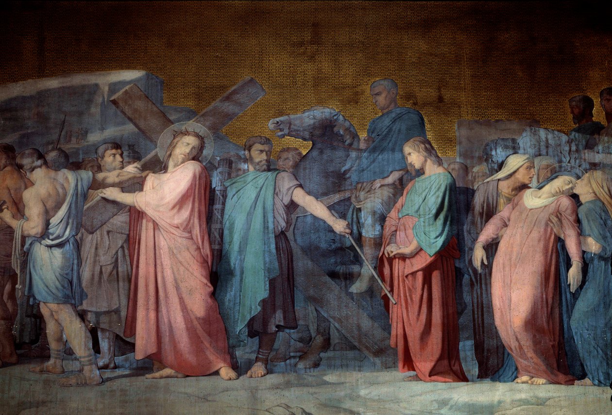 Chrystus niosący krzyż Fragment fresku autorstwa Hyppolithe Flandrin (1800-1864) XIX-wieczny kościół Saint Germain des Pres, Paryż autorstwa Hippolyte Flandrin