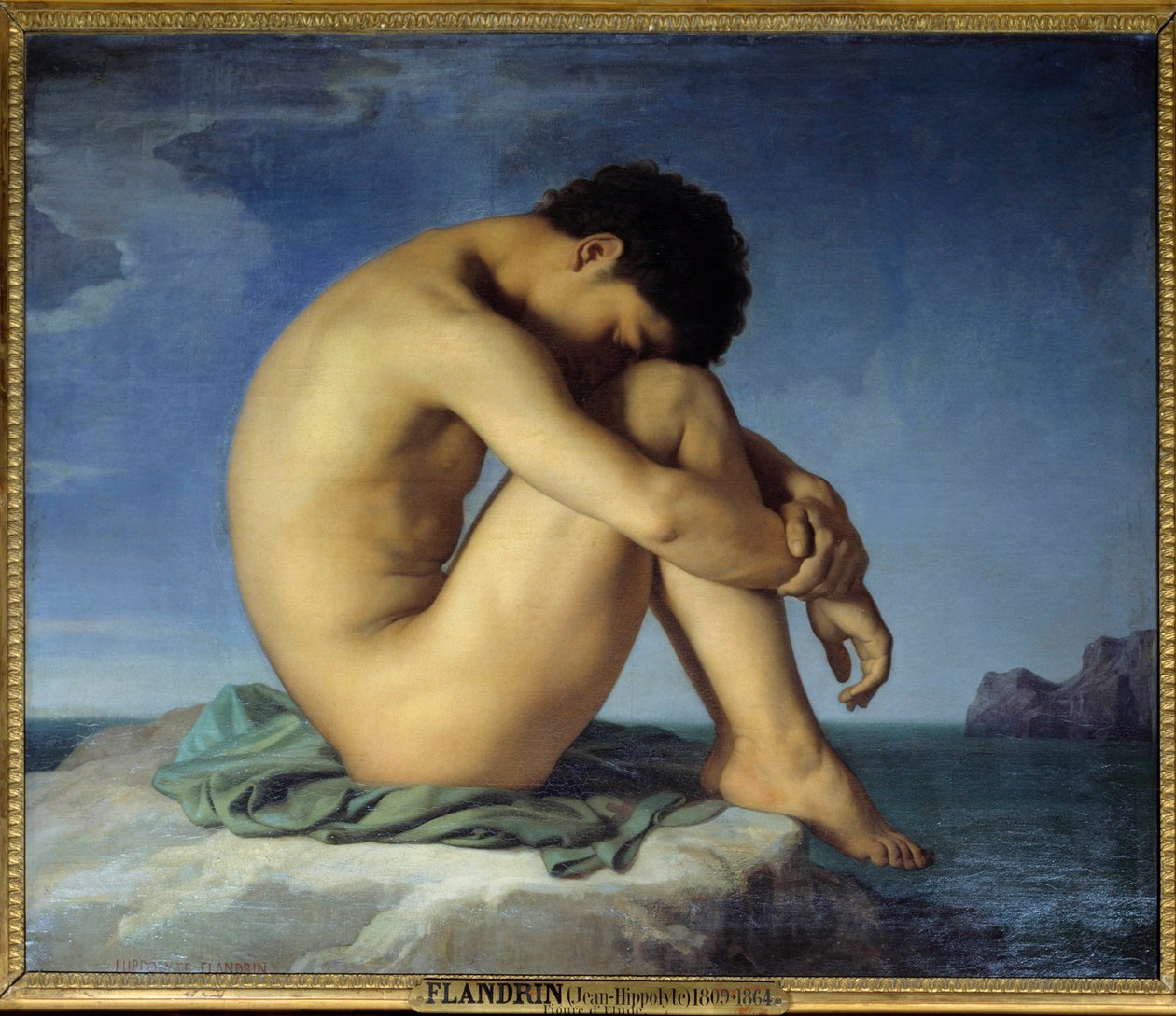 Młody nagi mężczyzna siedzący nad morzem Myśliciel w pozycji odosobnienia (introspekcja). Obraz Hippolyte Flandrin (1809-1864) 1836. Olej na płótnie. Słońce. 0,98x1,24 m - Młody nagi mężczyzna siedzący na brzegu morza. Myśliciel w płodowej, śpiącej pozycji autorstwa Hippolyte Flandrin