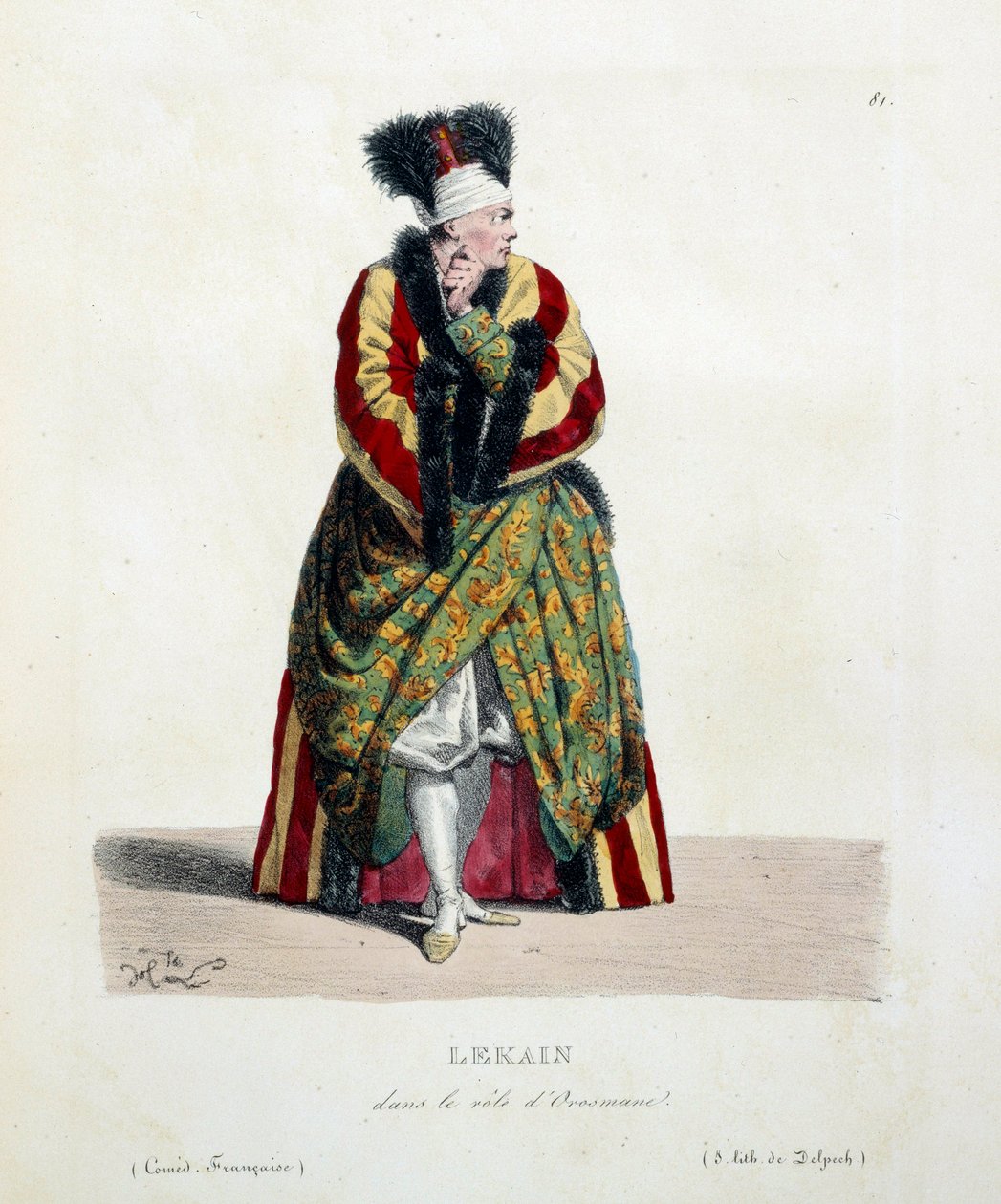 Francuski aktor Henri Louis Cain nazwany Lekain lub Le Kain (1729-1778) w roli Orosmane w sztuce Woltera Zair (1694-1746) we francuskiej komedii. Litografia Hippolyte