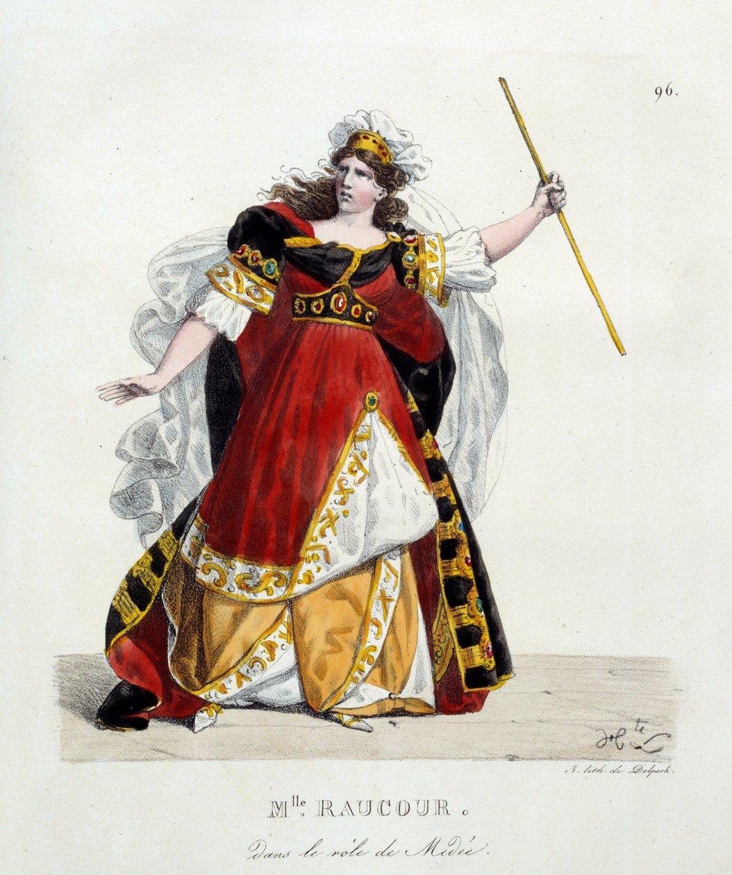 francuska aktorka Mademoiselle Raucourt (zm. 1815) w roli Medee w Komedii Francuskiej; Litografia autorstwa Hippolyte