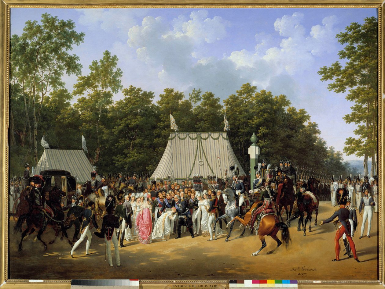 Król Ludwik XVIII (1755-1824) przyjmujący Marie Caroline Fernande Louise z Neapolu, przyszłą księżną Berry, w lesie Fontainebleau, pod krzyżem Saint-Herem autorstwa Hippolyte Lecomte